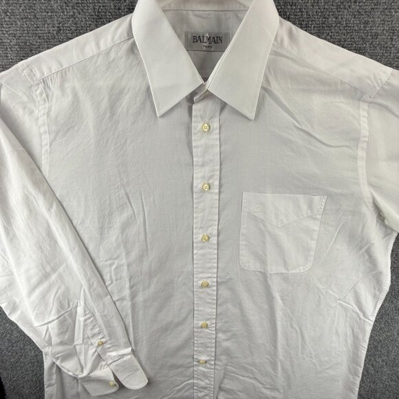 Balmain Cotton Polyester 17.5 White Men Long Sleeve Pocket Shirt Button Up Solid - Picture 1 of 16